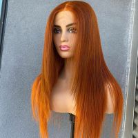 Preplucked Soft 180%Density 26Inch Orange Silky Straight Long Natural Hairline Glueless Lace Front Wig For Women Babyhair Wig  Hair Extensions Pads