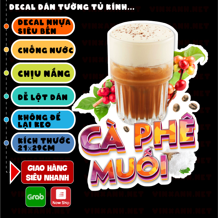 Decal Cafe Muối trang trí quán nước tường, tủ kính bền đẹp chống nước