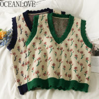 OCEANLOVE Sweater Vests Print Floral V Neck Vintage Short Autumn Winter Pull Femme Japan Style Sweet Jersey Mujer Casual