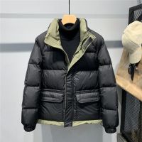 Hong Kong trendy brand mens short down jacket winter stand-up collar thickened color matching loose coat capless ins high-end