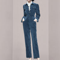 SMTHMA  New Autumn Elegant Lapel Long Sleeved Casual Corduroy Jumpsuit Ladies Slim Waist Jumpsuit