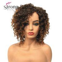 StrongBeauty Short Brown Highlights Ombre Curly Afro High Heat Ok Full Synthetic Wig Wigs Wig  Hair Extensions Pads