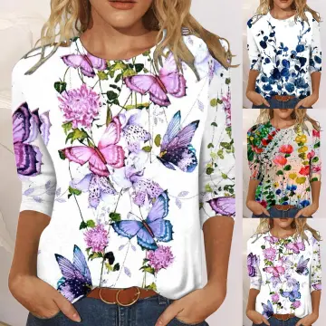 Butterflies And Flowers Print Crew Neck T-shirt, Loose Casual