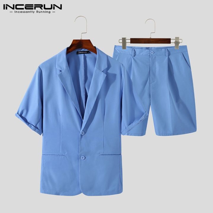 incerun-เสื้อสูทแขนสั้น-กางเกงขาสั้น-สไตล์เกาหลี-แฟชั่นผู้ชาย