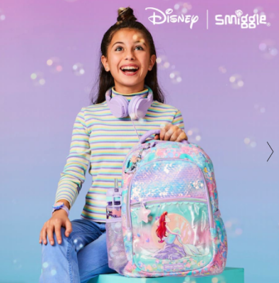 Smiggle Ariel กระเป๋าเป้สะพายหลังกล่องดินสอชุดเครื่องเขียน Waterbottle Mermaid Set สำหรับเด็กประถม Classic Backpack