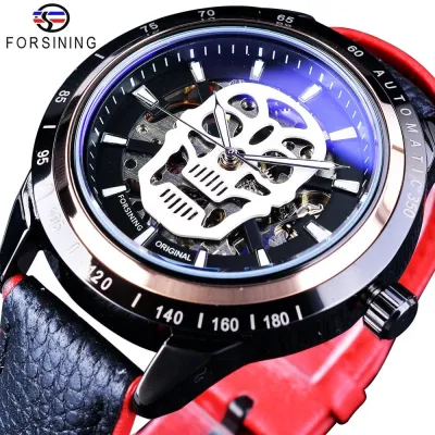 นาฬิกาสปอร์ต Forsining นาฬิกาโมเดลโครงกระดูกของเล่นสีดำสีแดงนาฬิกาอัตโนมัติของผู้ชายดีไซน์เรืองแสงหรูหรากันน้ำ