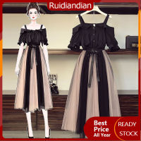 M-4XL Ruidiandian กระโปรงผู้หญิง2ชิ้น,100กก. ชุดเดรสสไตล์เกาหลีบางแฟชั่นเซ็กซี่ทรงเสื้อสีดำ + ชุดเดรสตาข่าย