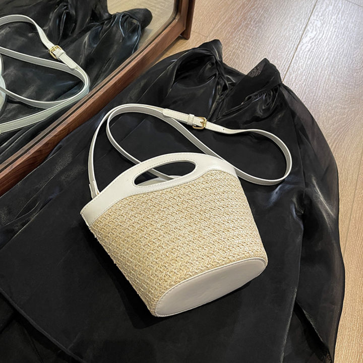 กระเป๋าทรงถังแบบมือจับชายหาดกระเป๋าแฟชั่นทำมือ-pu-หญ้าประกบกระเป๋าทอสายรัดพาดไหล่ปรับได้แบบสบายๆกลางแจ้งช้อปปิ้ง