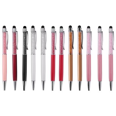 12Pcs/Pack Bling Bling 2-In-1 Slim Crystal Diamond Stylus Pen and Ink Ballpoint Pens (12 Colors)