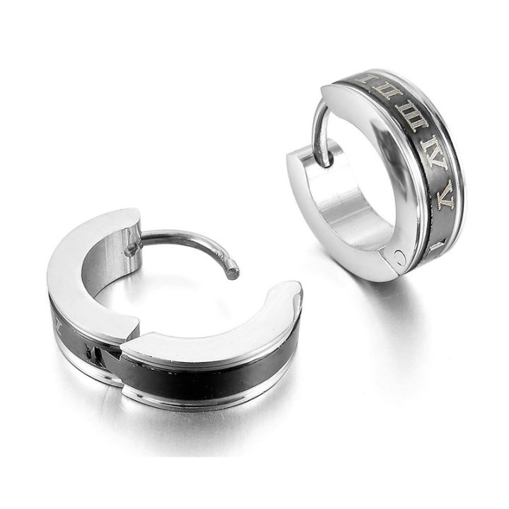 stainless-steel-stud-plugs-hoop-earrings-ear-studs-black-silver-roman-numerals-classic-polished-men-women