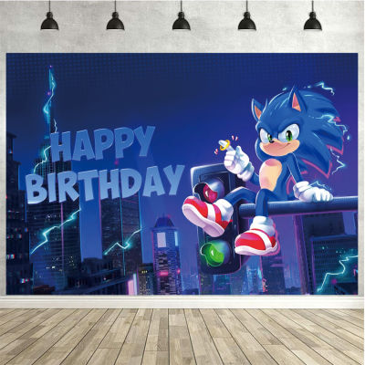 Blue Sonic Sit On Traffic Lights Happy Birthday Photography Backdrop Night City Buildings Comics Background Photo Table Decor