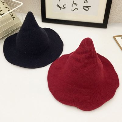 Women Halloween Wizard Hat Fancy Dress Ball Knitted Solid Color Casual Warm Pointed Cap