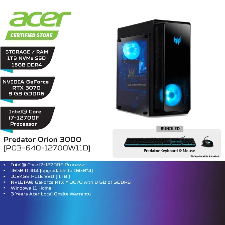 Acer Predator Orion 3000 Po3 640 w11d Gaming Desktop Pc I7 f 16gb 1tb Ssd Rtx 3070 8gb W11 Lazada