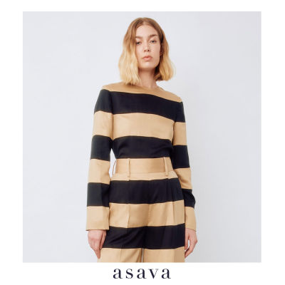 [asava aw22] Asava striped blouse เสื้อผู้หญิง คอกลม แขนยาว ตัดต่อผ้าลายทาง ซิปหลัง