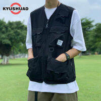 KYUSHUAD เสื้อกั๊กผู้ชายแบบมีกระเป๋าอเนกประสงค์ เสื้อกั๊กผู้ชายเหมือนกันหมดข้างนอกเสื้อกั๊กแบรนด์น้ำขึ้นน้ำลงฮิปฮอป