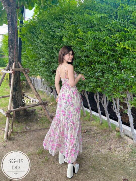 ml419-เดรสยาว-สายเดี่ยว-ปรับสายได้-ใส่ยางสม็อครอบเอว-ผ้าชีฟองเกาหลี-มีซับใน-สวยหวานมากค่ะ-freesize-bust-อก-32-36-waist-เอว-26-30-hip-สะโพก-38-52-length-ยาว-52-มีฟองน้ำ-have-bra-pad-ผ้าชีฟอง-chiffon-fa