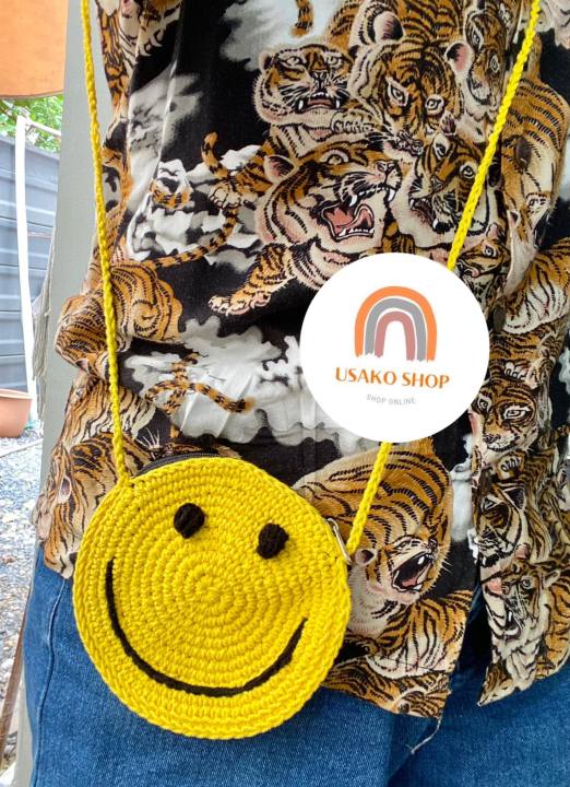 กระเป๋าถักหน้ายิ้ม-กระเป๋าถักไหมพรม-งานถักมือ-หน้ายิ้ม-smiley-crochet-bag-มีพร้อมส่ง