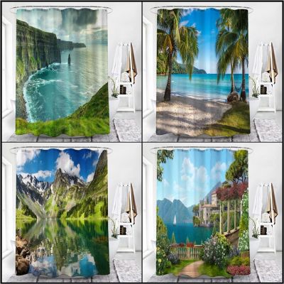 【CW】۞✺  Seaside Beach Scenery Shower Curtains Trees Mountain Landscape Wall Hanging Curtain