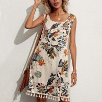 2023ผู้หญิงฤดูร้อนหลวมพู่แขนกุดมินิเดรสผู้หญิงหลวม Boho Vintage พิมพ์ Streetwear Beach Holiday Dress Casual