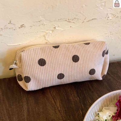 [Fast Delivery] Corduroy Storage Bag Polka Dots Print Vintage Organizer Clutch Bags Autumn Winter Portable Soft Casual for Weekend Vacation