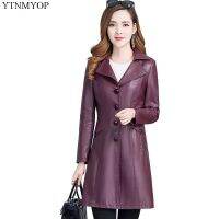 YTNMYOP ฤดูใบไม้ผลิ Single Breasted หนัง Trench ผู้หญิงเสื้อหนังยาว Turn-Down Collar Overcoat ฤดูใบไม้ร่วง5XL Jacket