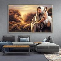 ♠ Scandinavian Wall Art ภาพวาดสีน้ำมันบนผ้าใบพระเยซู Herding The Sheep Cuadros โปสเตอร์และพิมพ์สำหรับห้องนั่งเล่นตกแต่งบ้าน