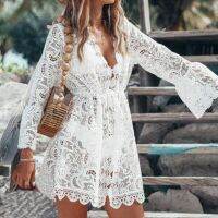 FN946N Summer Lace Hollow Crochet Bikini Cover Up Women Swimsuit Floral White Tunic Beach Dress Sarong Beach Wrap Bathing Suit