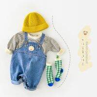 [COD] Yueji 2023 spring new baby trousers Korean version of ins cartoon washed denim bear overalls