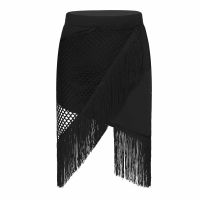 Women Sexy Cutout Asymmetrical Black Fringed Skirt Tassel Latin Dance Dress Adult Stage Performance Training Competition Costume