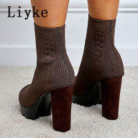 Liyke Fashion Square High Heels Knitted Stretch Fabric Ankle Socks Boots Femme Peep Toe Slip-On Platform Shoes For Women Casual