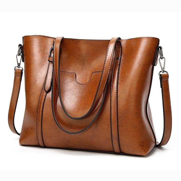 กระเป๋าถือสตรีกระเป๋าโท้ทสีน้ำตาลกระเป๋าถือกระเป๋าหิ้วทรงกระเป๋านักเรียนมีที่จับหนังแท้-pu-ขนาดใหญ่สีน้ำตาล