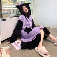 Bathrobes for Women Pajamas Long Sleeve Robes Kawaii Clothes Coral Velvet Nightgown Thickened Flannel Night Gown with Pockets