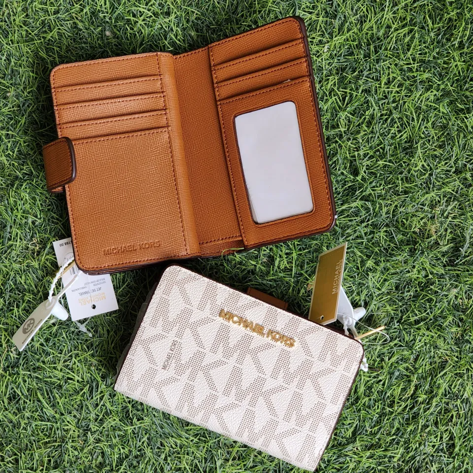 Authentic Michael Kors Jet Set Travel Signature Large MK Letters Medium  Bifold Zip Coin Wallet - Vanilla