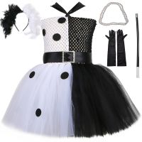 Cruella De Vil Tutu Dress Girls Dalmatians Black White Witch Cosplay Halloween Costume Kids Fancy Carnival Party Clothes Outfit