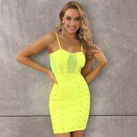 【YF】 Summer Fashion Sexy Sleeveless Mesh Eyelet Neon Yellow Hot Pink Bodycon Bandage Dress 2020 Designer Party Vestido