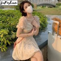 LuFashion ชุดเดรสผู้หญิงลายดอกไม้คอวีแขนสั้น,ชุดเดรสเข้ารูปฤดูร้อน