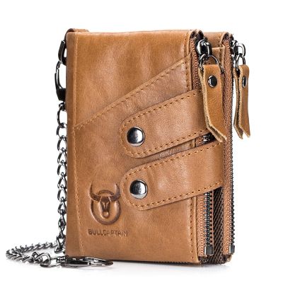【JH】Quality Genuine Leather men Wallet Brand zipper Man Purse Vintage cow leather Male card Coin Bag with iron chain