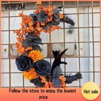 VERFZM SHOP กุหลาบกุหลาบกุหลาบ พวงหรีดฮาโลวีน กับแมวดำ เถาพืช ตกแต่งแบบกอธิค สร้างสรรค์และสร้างสรรค์ ของตกแต่งแขวน ประตูหน้าประตู