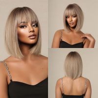 Short Natural Blonde Synthetic Wigs Straight Bob Wig with Bangs Heat Resistant Fiber for Black Women Daily Use High Quality Hair [ Hot sell ] Gktinoo Fashion