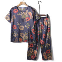 Summer Round Neck Sleepwear Cotton Silk Clothes Pajamas Sets Female Short Sleeve Casual Lounge Women Top Plus Large Size Blue