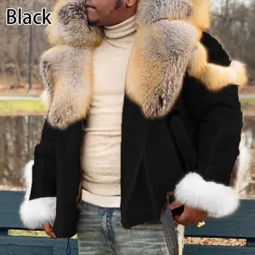 Mens Faux Fur Overcoat Fur Collar Outdoor Jacket Trench Coat Parka Woolen