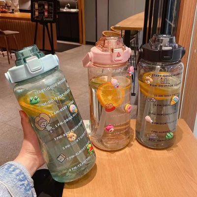 2 Liter Water Bottle with Straw Female Jug Girls Portable Travel bottles Fitness Bike Cup Summer Cold WaterJug with Time Marker
