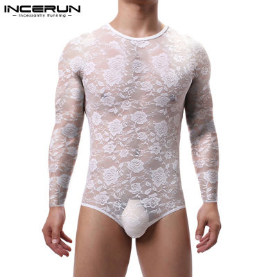 [จัดส่งฟรี] (Homewear) INCERUN เสื้อแขนยาวผู้ชาย Leotard ดูผ่าน Bodysuits Playsuits ชุดชั้นในบางเบากางเกง