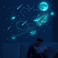 ZZOOI Blue Universe Airplane Luminous Wall Stickers Fluorescent Stars Moon Glow In The Dark Stickers For Kids Rooms Ceiling Home Decor