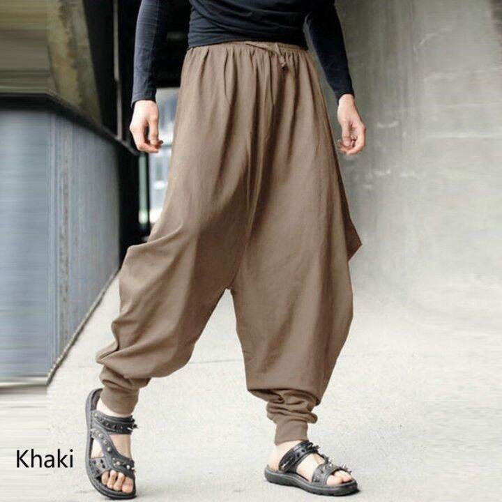 codtianjia6731-men-loose-long-plain-pure-yoga-wide-leg-harem-drop-crotch-baggy-trousers-pants