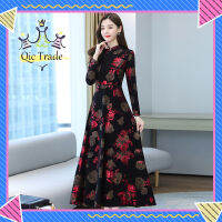 【จัดส่งที่รวดเร็ว✨】Women Long Sleeves A-line Skirt Ethnic Style Retro Printing Elegant High Waist Dress