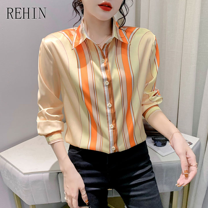 rehin-ผู้หญิงฤดูใบไม้ร่วงและฤดูหนาวใหม่แฟชั่นการพิมพ์เสื้อแขนยาวลาย-clashing-สีหลวม-lapel-เสื้อชีฟองหรูหรา