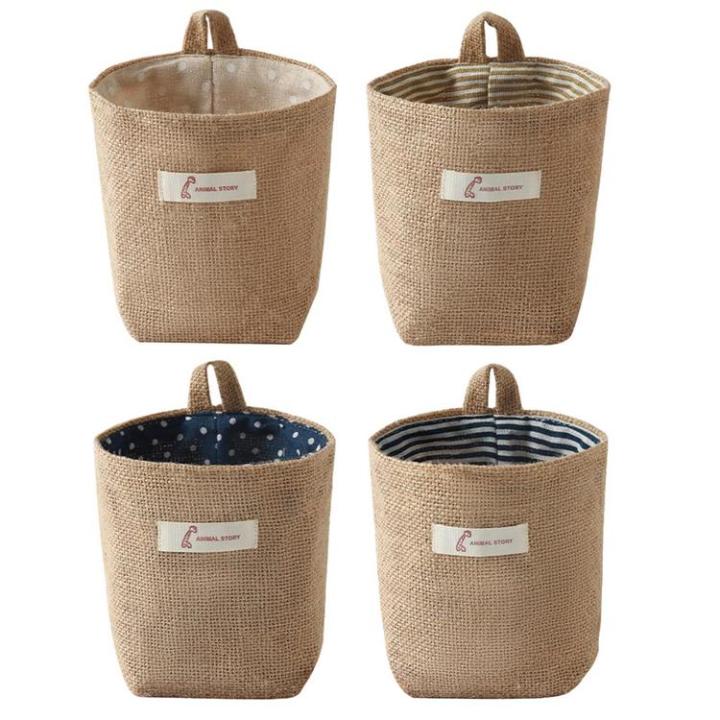 Cotton Linen Storage Baskets Foldable Wall-Hanging Bag Small Wicker Baskets  Home Organizer