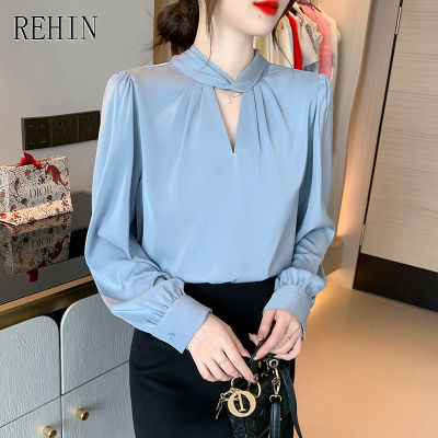 REHIN ผู้หญิงฤดูใบไม้ร่วงใหม่เกาหลีรุ่นเสื้อแขนยาว Hollow Lantern Sleeves เสื้อหรูหรา