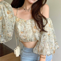 y Floral Blouse Tops Women French Vintage Designer Sweet Slim Strap Blouse Casual Puff Sleeve Outdoor Blouse 2021 Summer